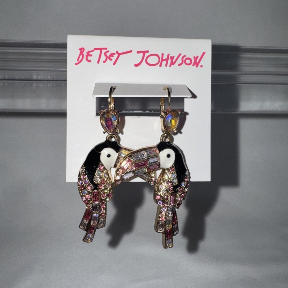 Gold Tone Multicolor Pinks Rhinestone Toucan Dangle Earrings Approximately 2.25"